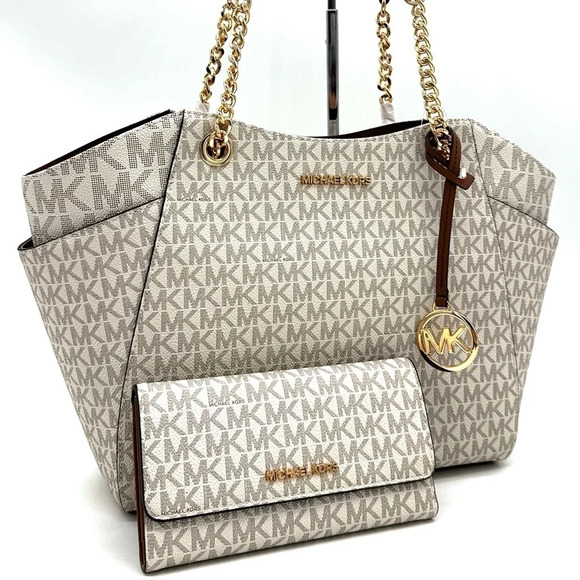 Michael Kors Large Jet Set Travel Chain Shoulder Bag & Trifold Wallet Vanilla - Picture 3 of 14